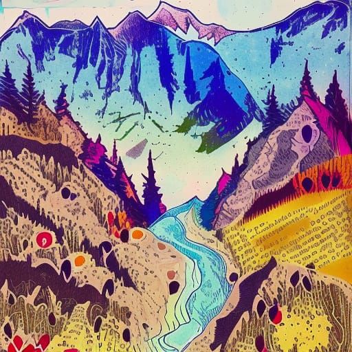 Spring Alps Collage in Folk Art Style