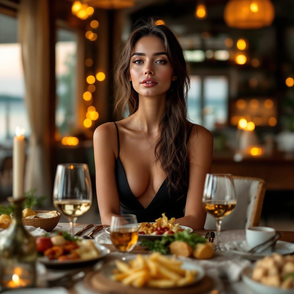 Beautiful Woman at Luxurious Beach House Dining Table