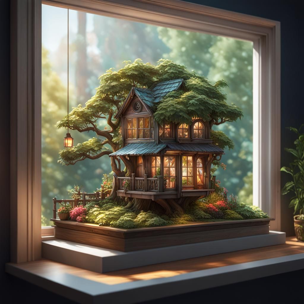 Miniature Treehouse Garden on Window Shelf