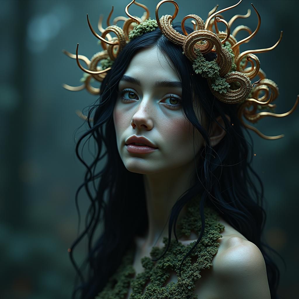 Fairy-Aphrodite Portrait with Lichen Skin in Ethereal Style