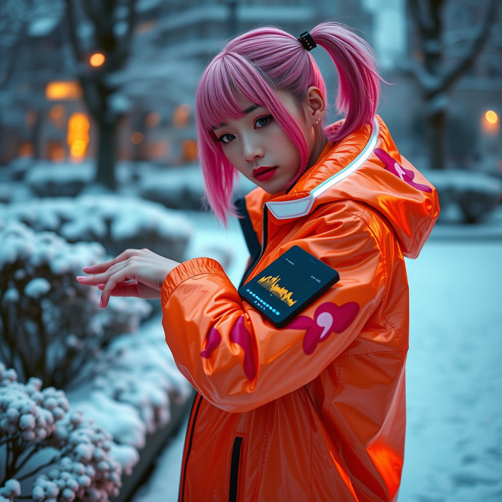 Woman with Cybernetic Arm in Snowy Garden
