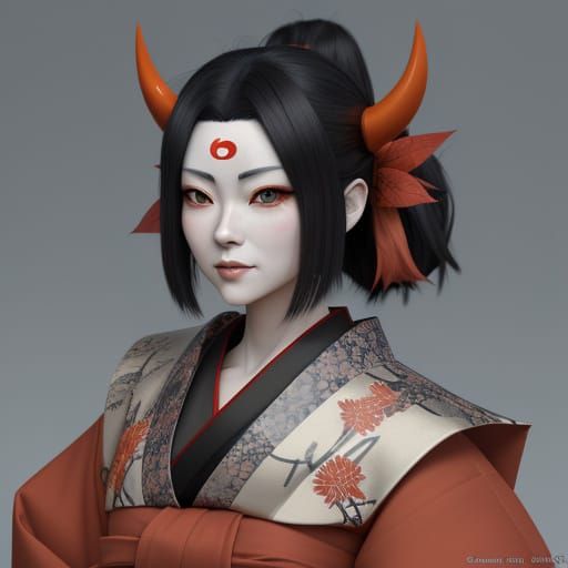 3D rendering, anime, the porcelain-faced Momiji, the fearsome autumn beauty yokai. She wears a red-and-orange robe. Momi...