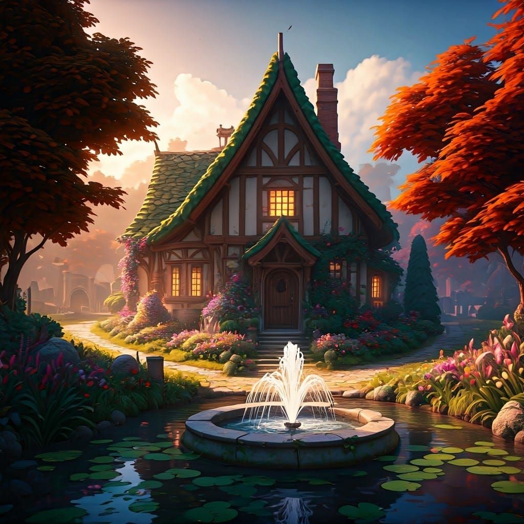 Whimsical Country Cottage in Vibrant Garden with Serene Pond...