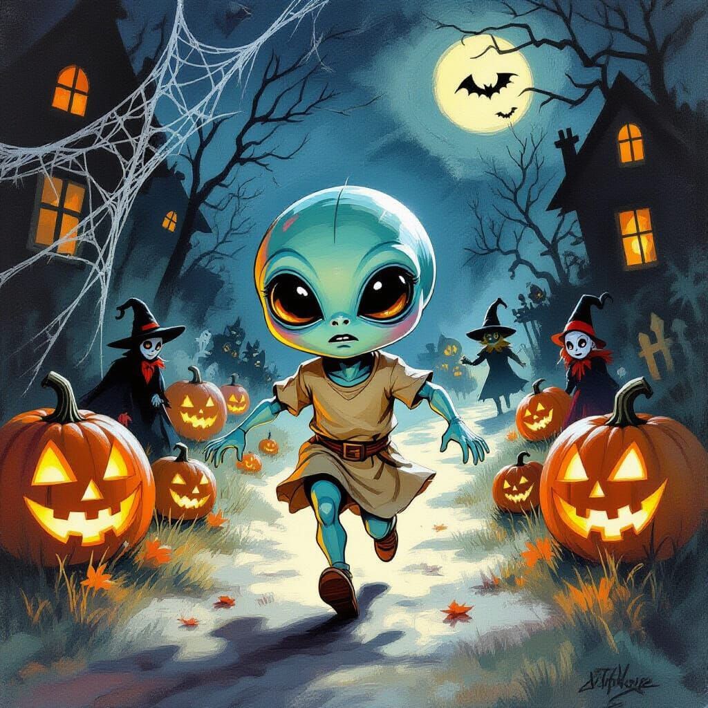 Frightened Alien Flees Spooky Halloween Scene in Gouache Sty...