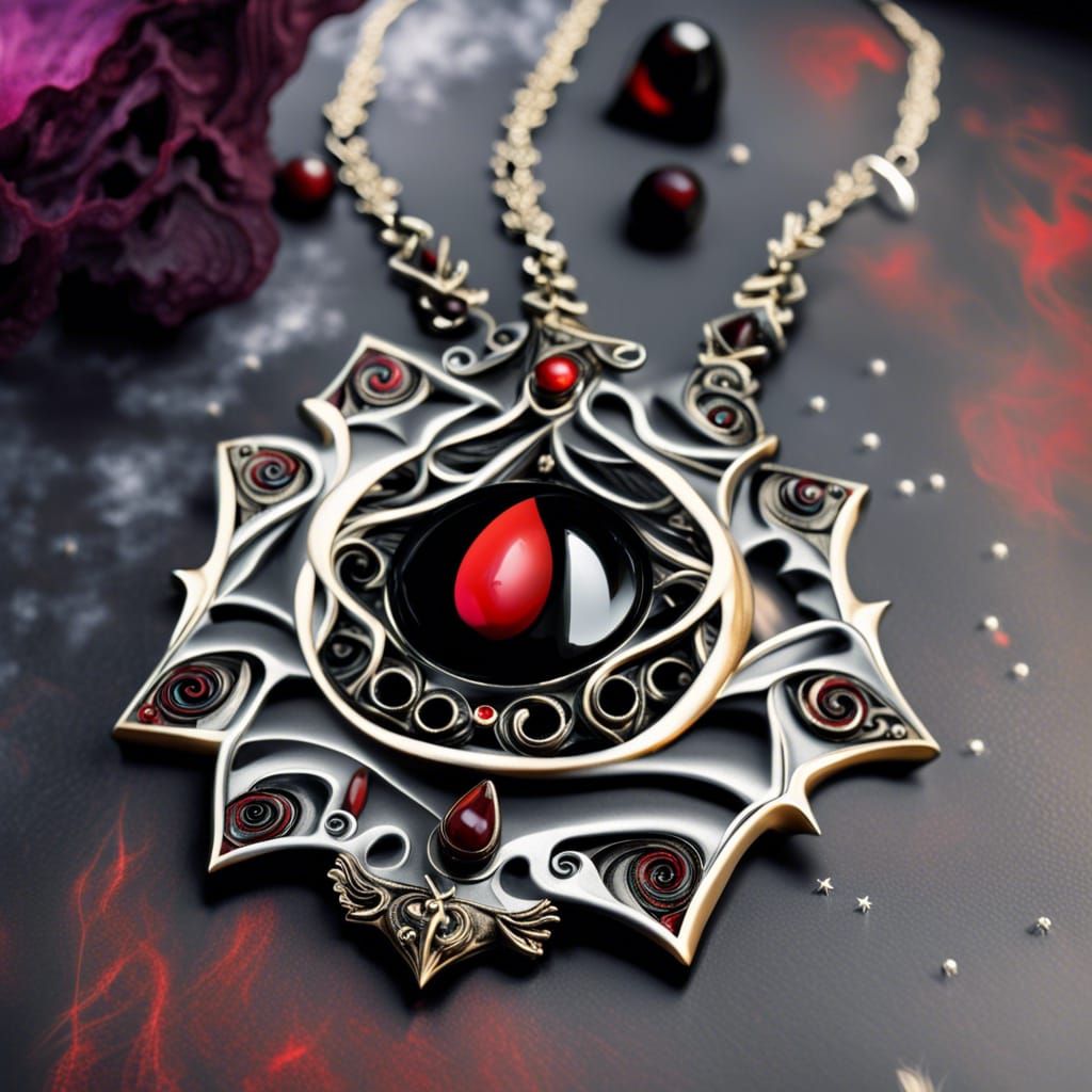Hecate gothic necklace with obsidian pendant with red accent...