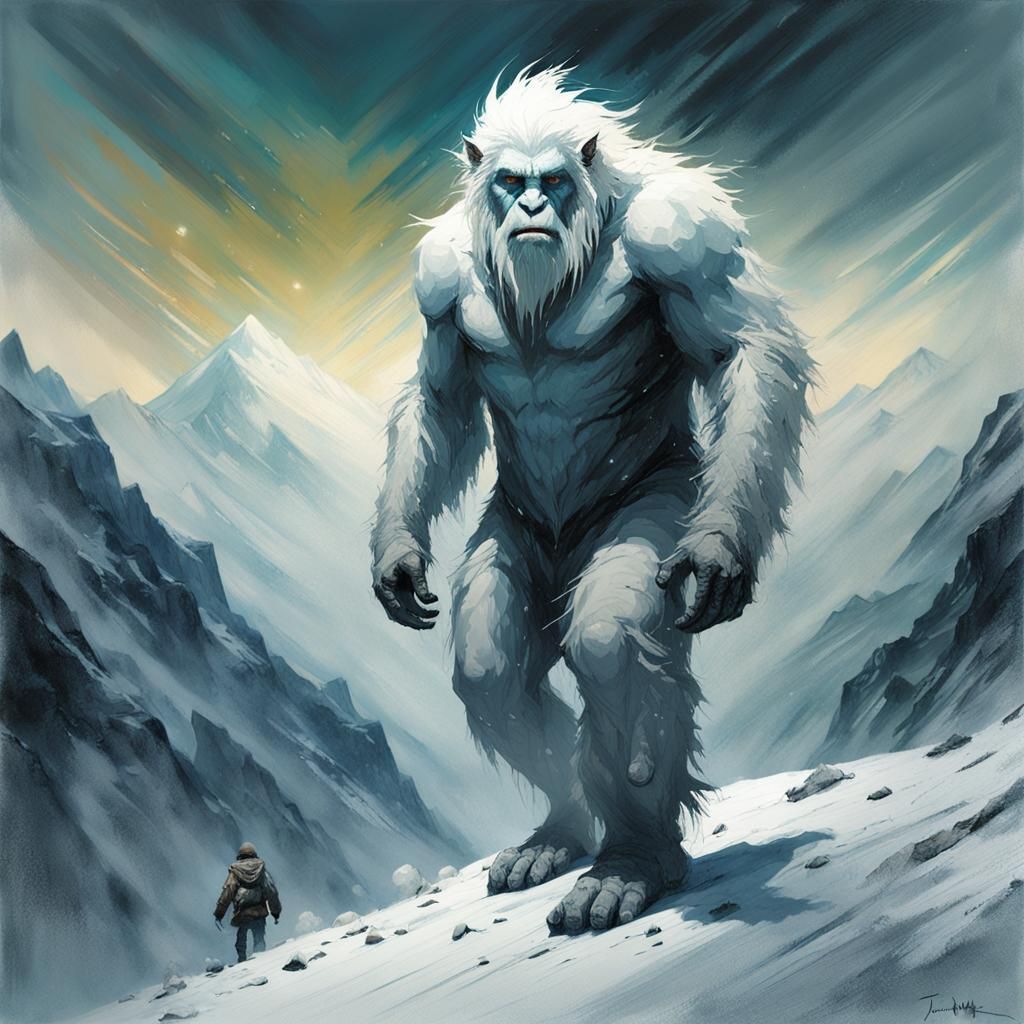 White Yeti Walking Up Snowy Mountain in Pointillism