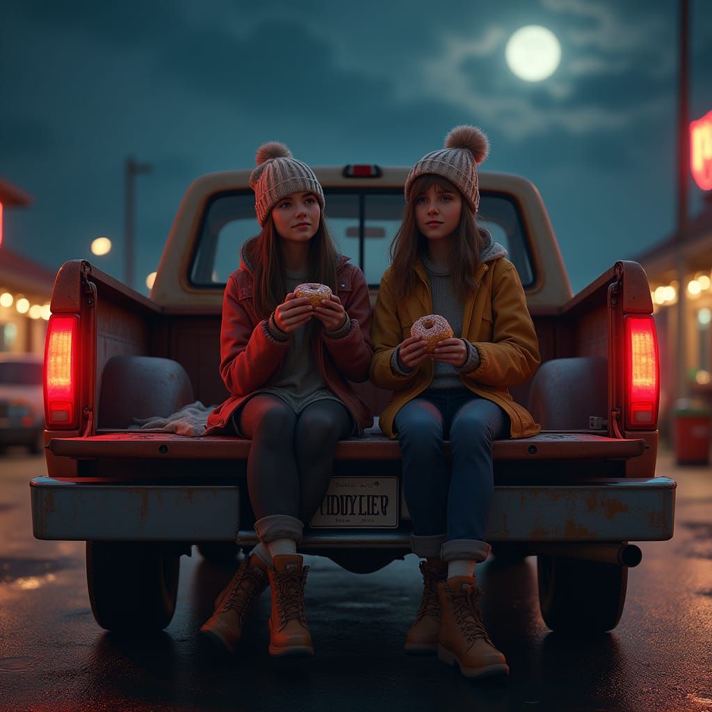 Girls Enjoying Doughnuts in Moonlight at Farmer's Market