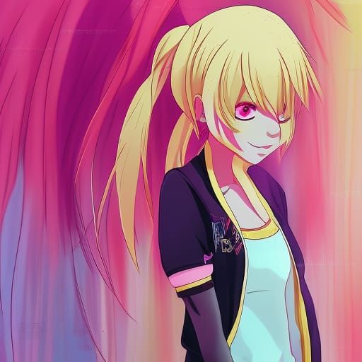 Anime Girl with Yellow Skin and Pink Hair