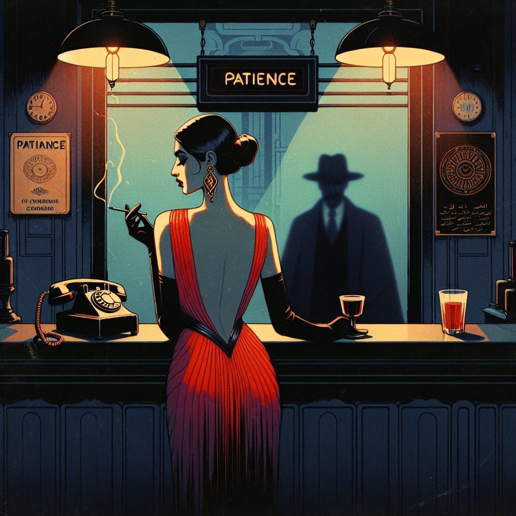 Moody Art-Deco Bar Scene with Woman in Red Dress