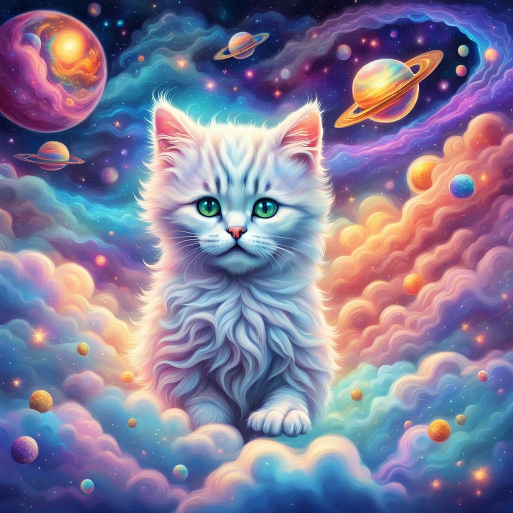 Cute Kitten in Fluffy Cloud, Astral Cosmic Illustration