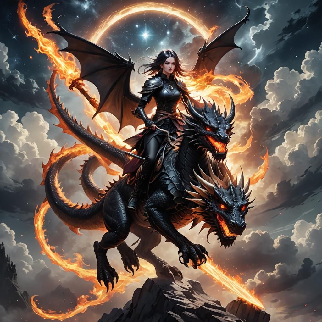 Goth Dragon and Girl with Flaming Sword