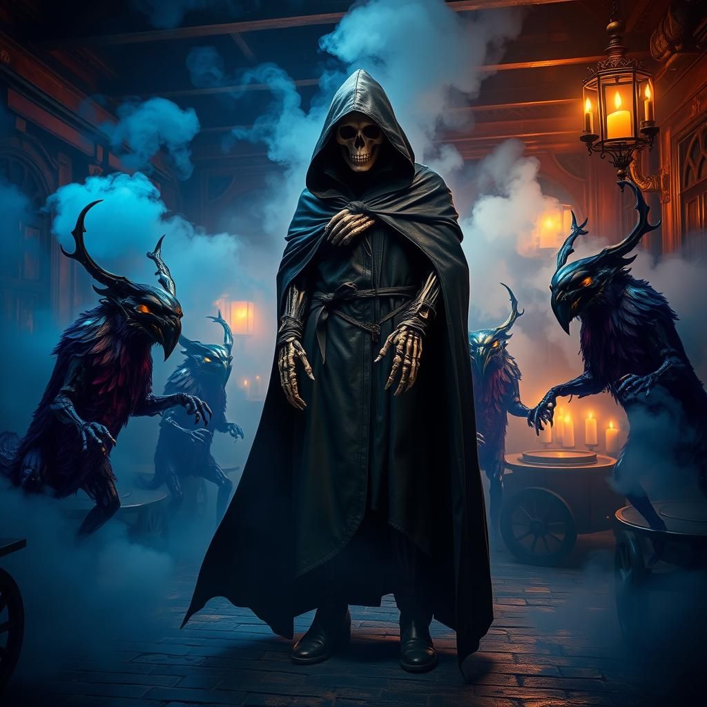 Steampunk Figure in Gothic Room with Eerie Mist