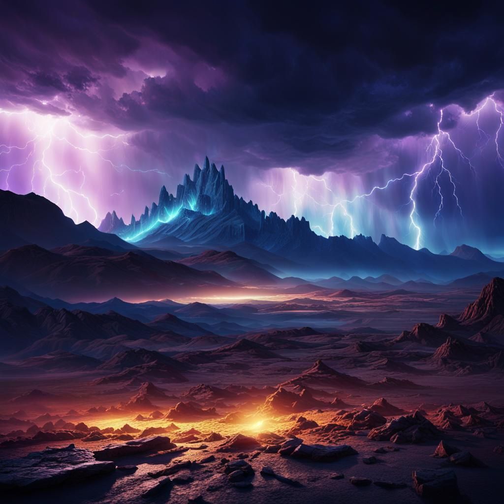 Electric Storm Unfolds over a Barren, Craggy Terrain