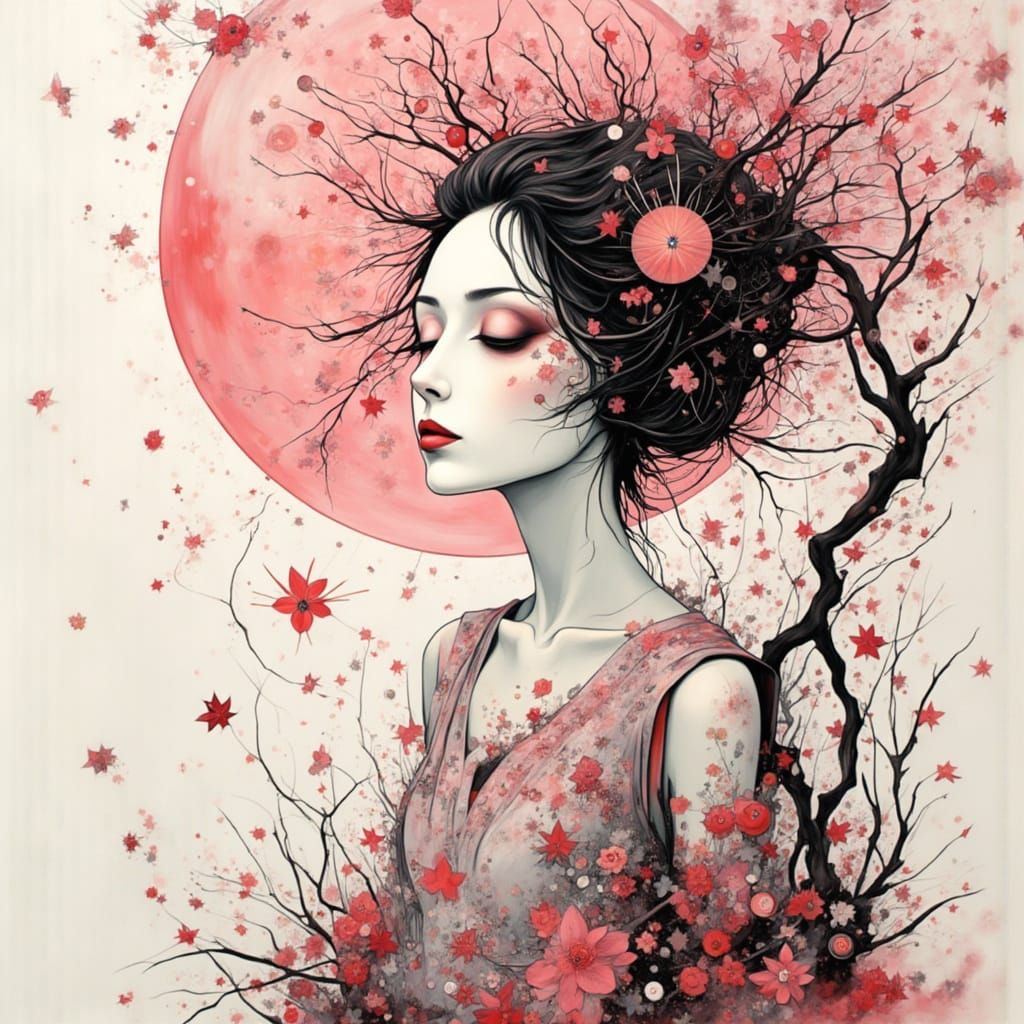 Japanese Ink Geisha Amidst Pink Cherry Blossoms