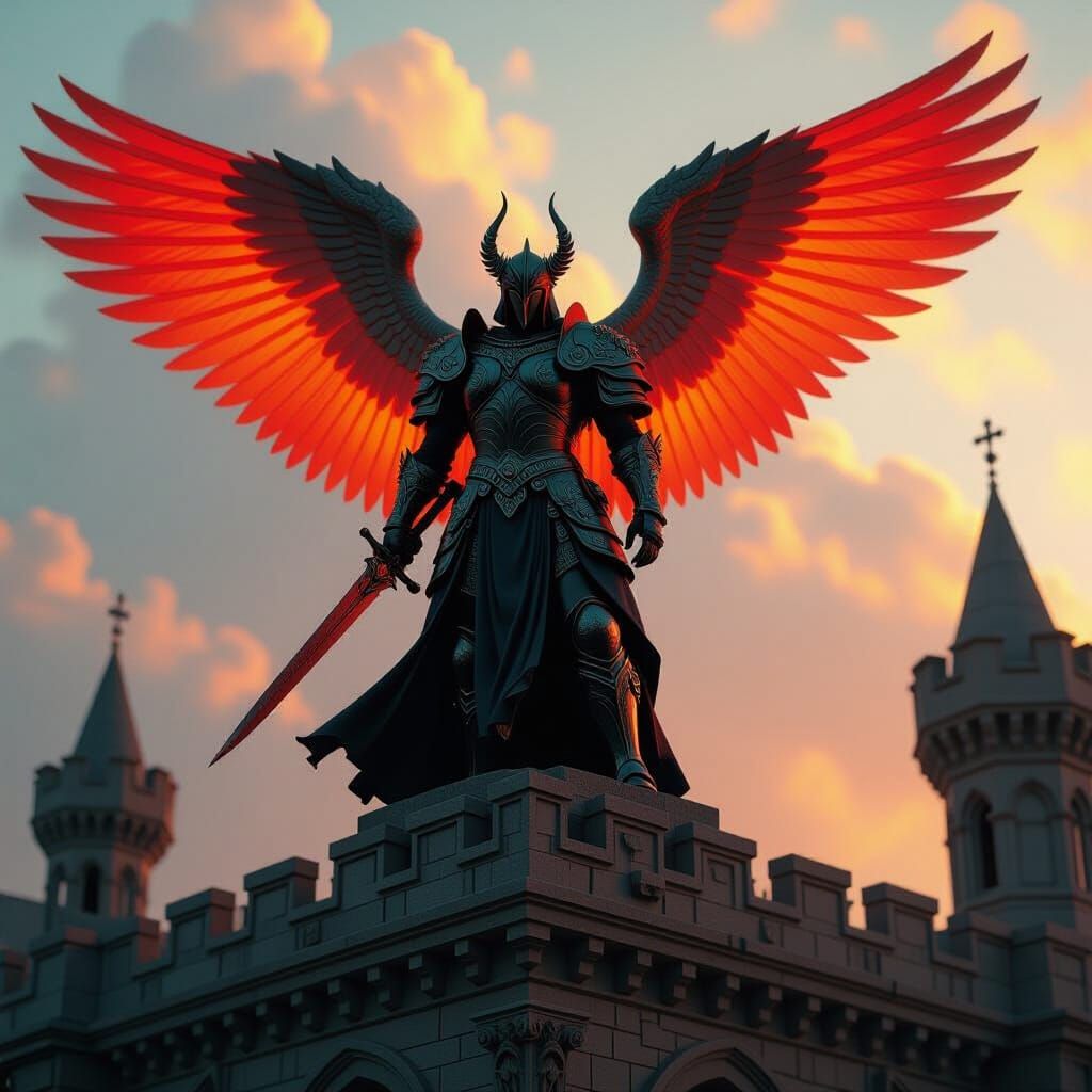 Bioluminescent Winged Stone Warrior on Medieval Tower