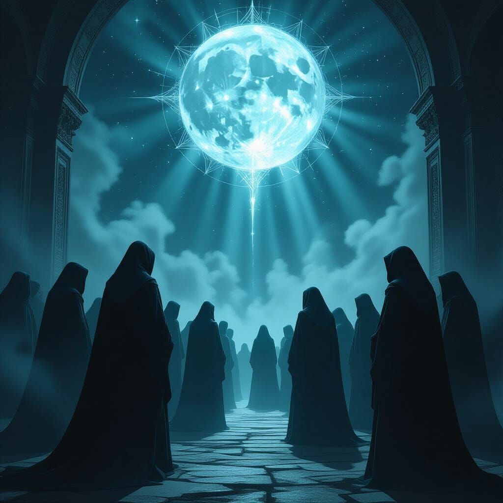 Mysterious Figures Gather Under Celestial Map