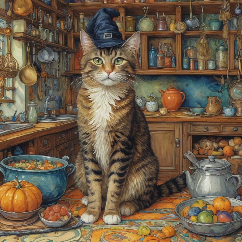 Cozy Witch's Kitchen Cat in Art Nouveau Style