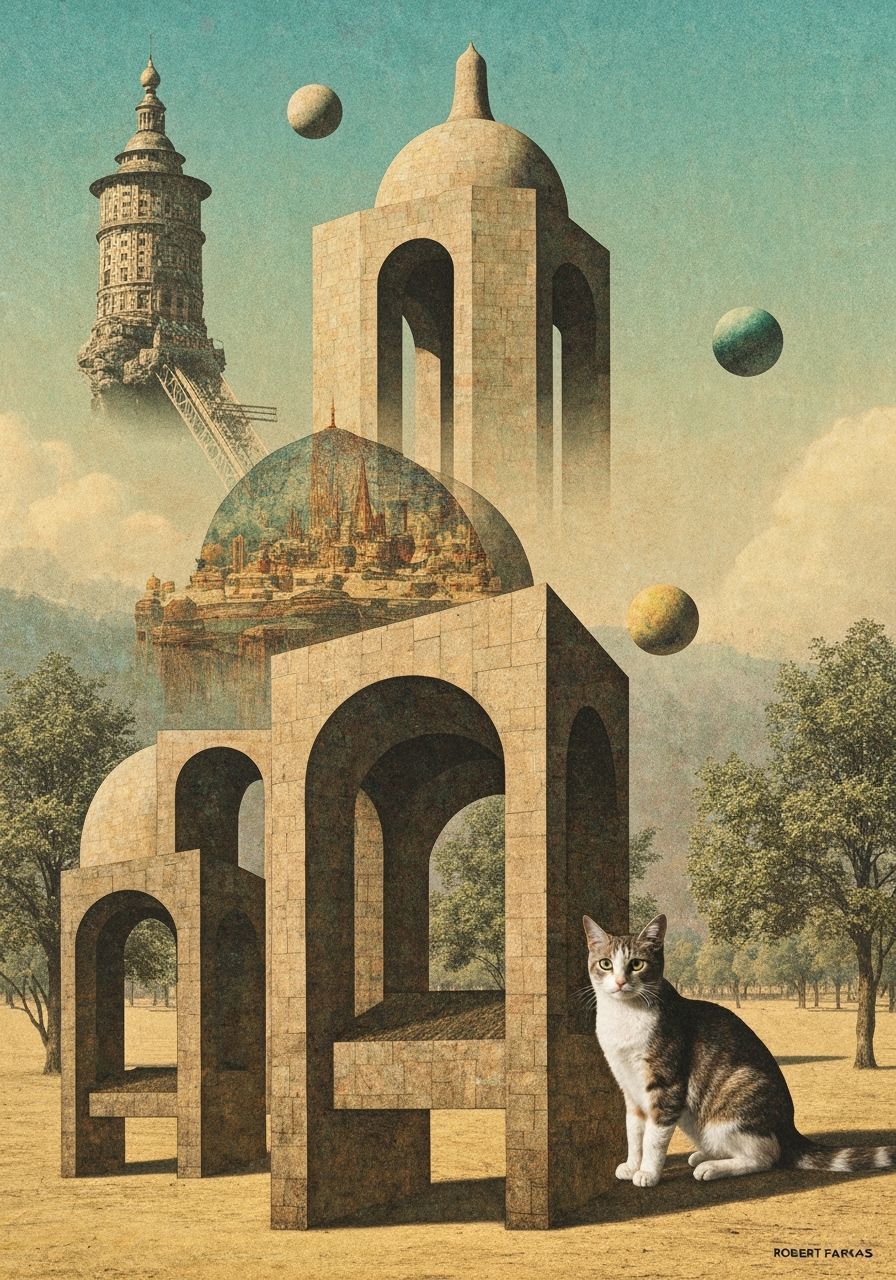 Surreal Cat in Organic Architecture with Double Exposure