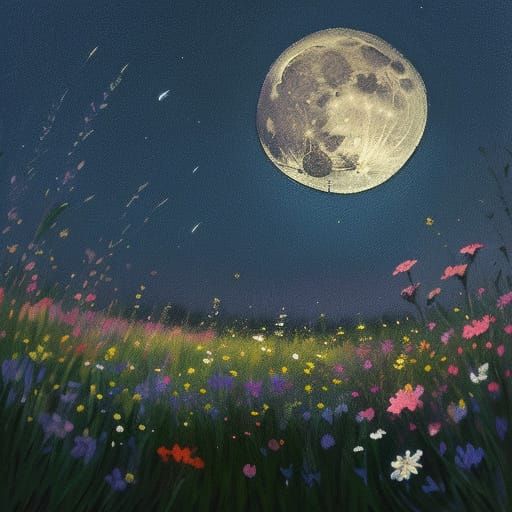 Moonlit Wildflowers in Impressionistic Style