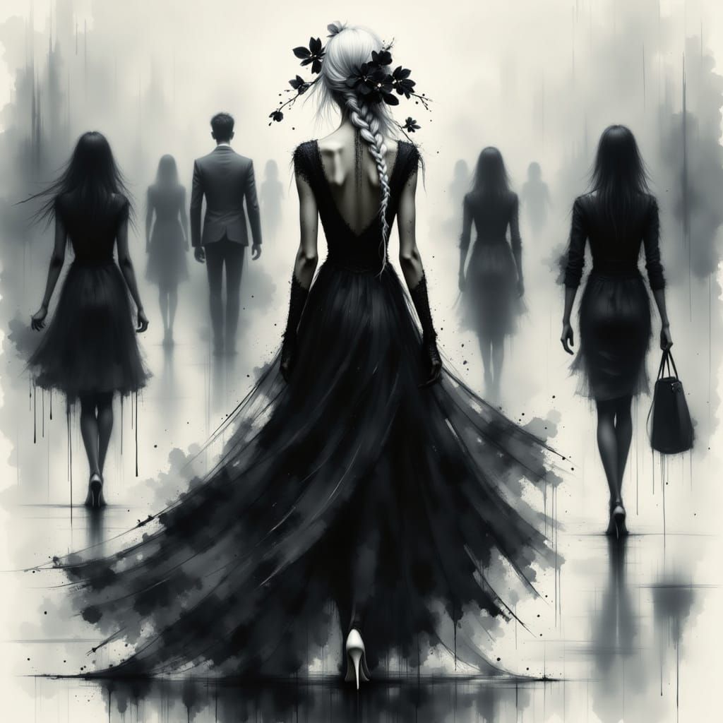 Woman in Black Dress: Ink Wash Painting