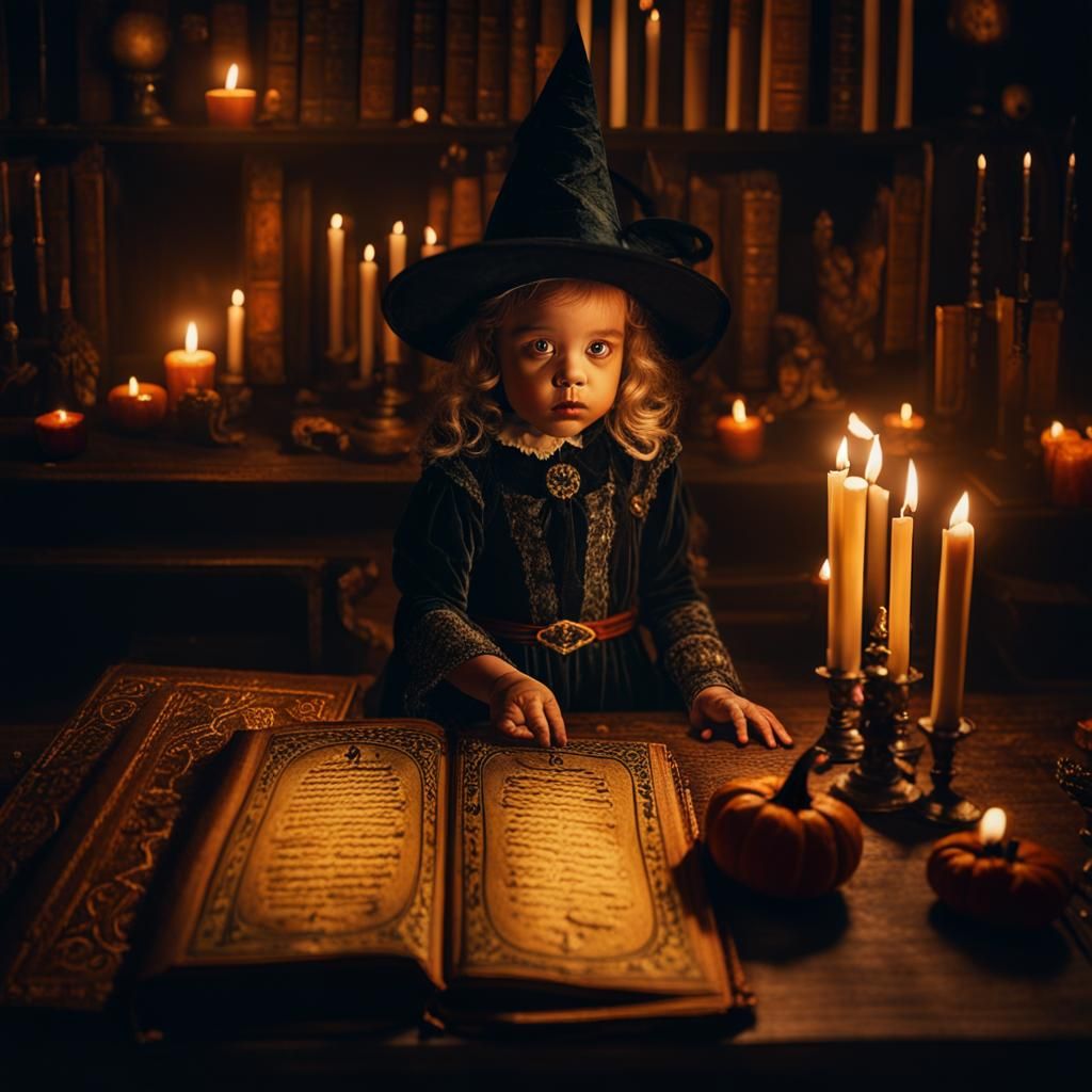 Baby Witch Concentrating on Spell in Halloween Chamber