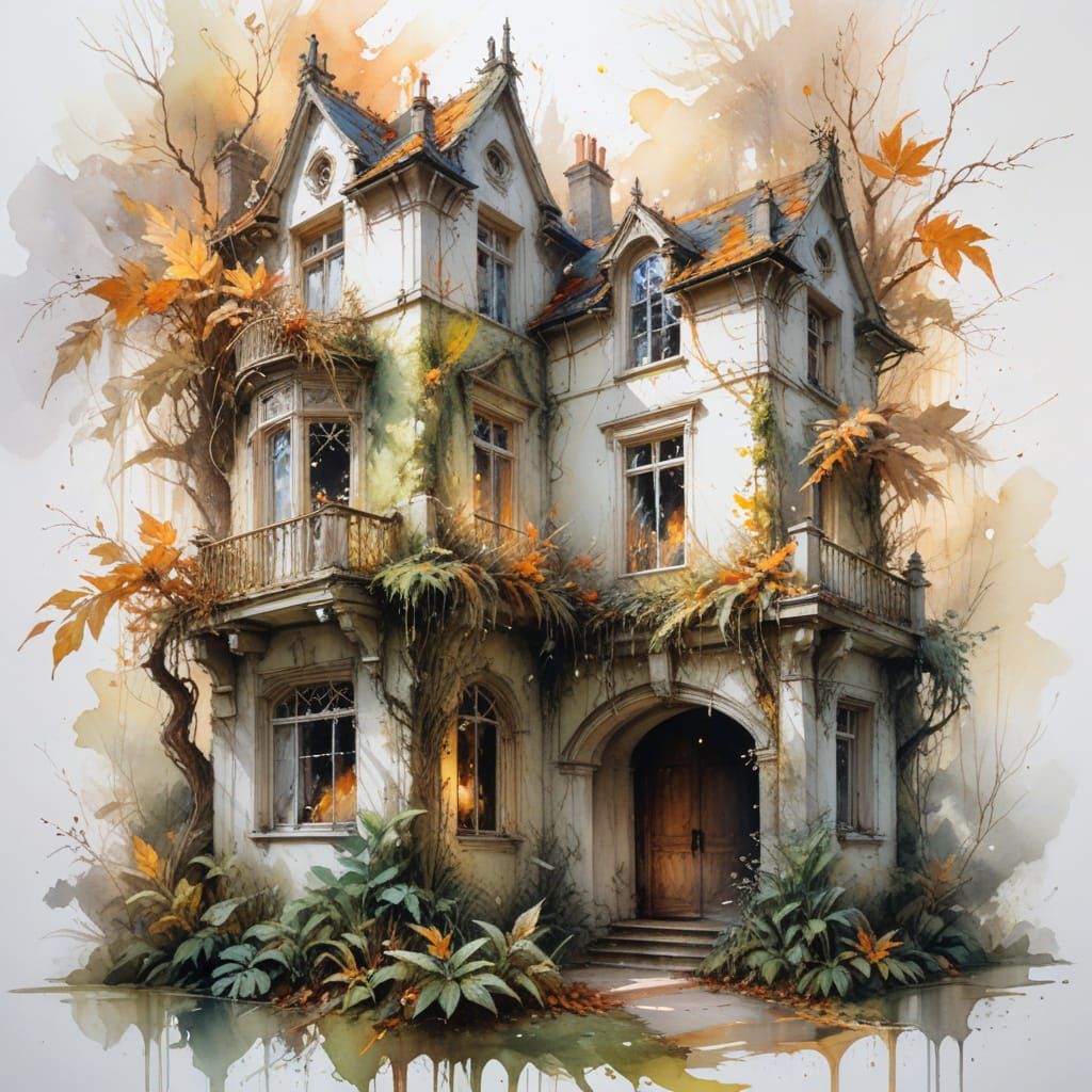 Ancient Manor in Forest, Whimsical Watercolor Style