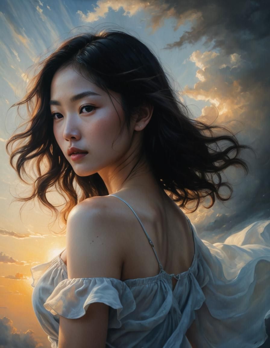 Korean Woman Dancing: Chiaroscuro Oil Painting