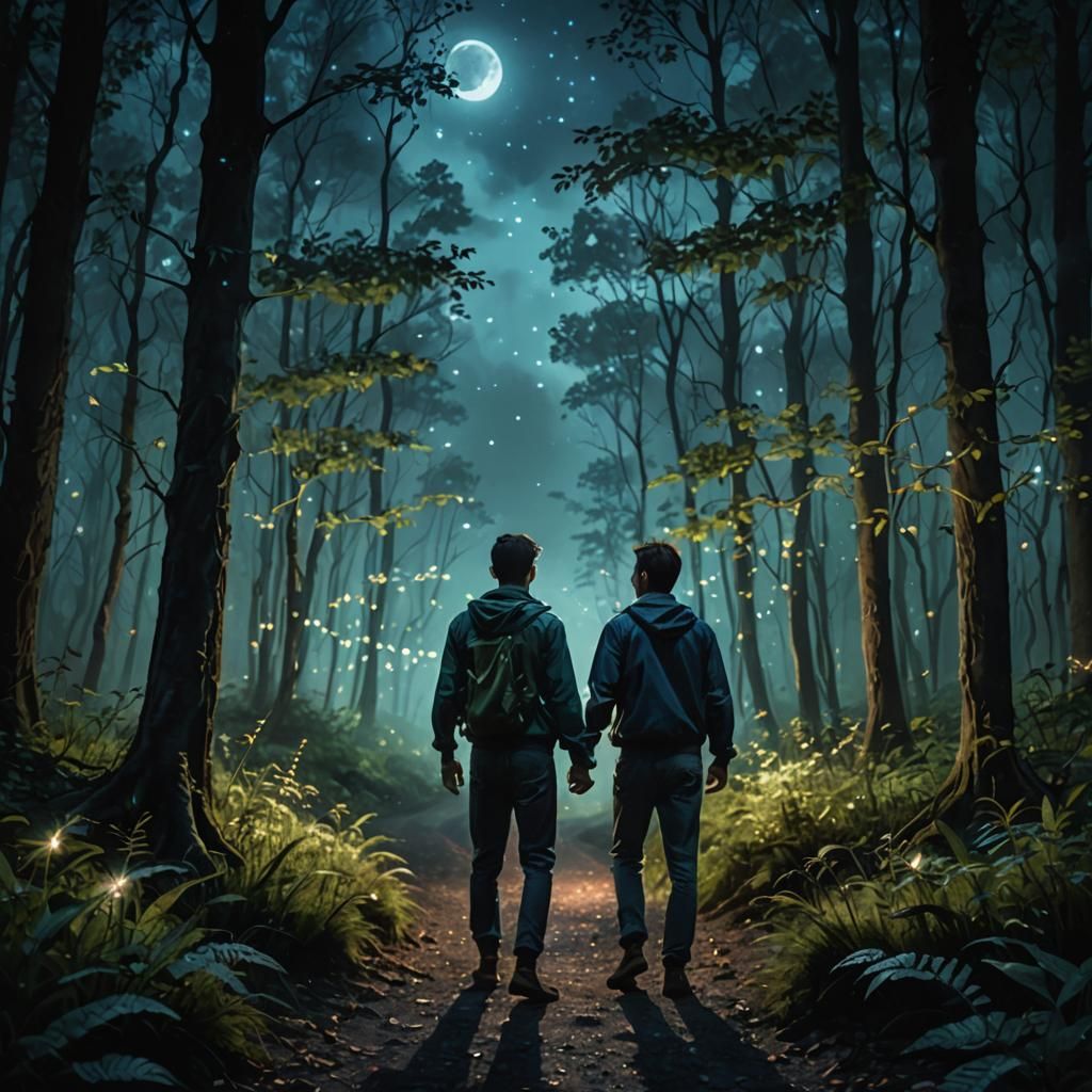 Mystical Moonlit Forest Scene with Smiling Figures