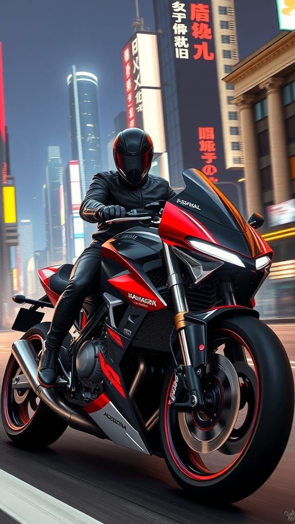 Cyberpunk Motorcycle Rider in Neon Cityscape