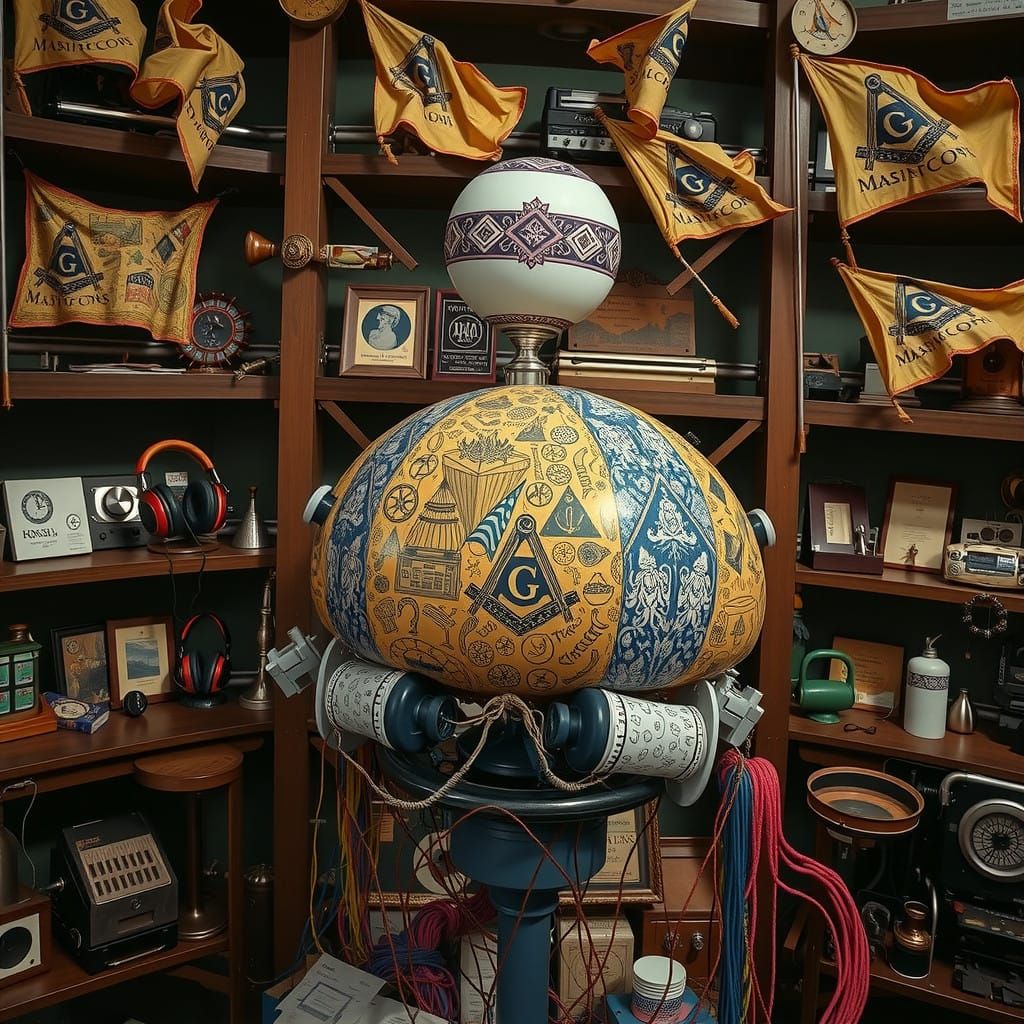 Surrealist Mushroom Sculpture amidst Retro-Futuristic Bureau...