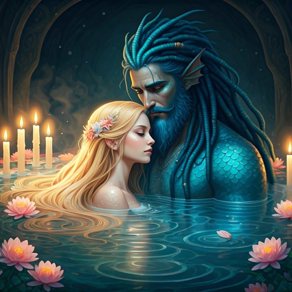 Serene Water Goddess Surrounded by Majestic Sea King