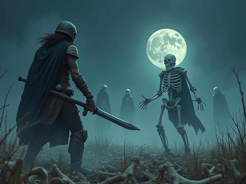 Woman warrior wearing bone armor in a field of bones fightin...