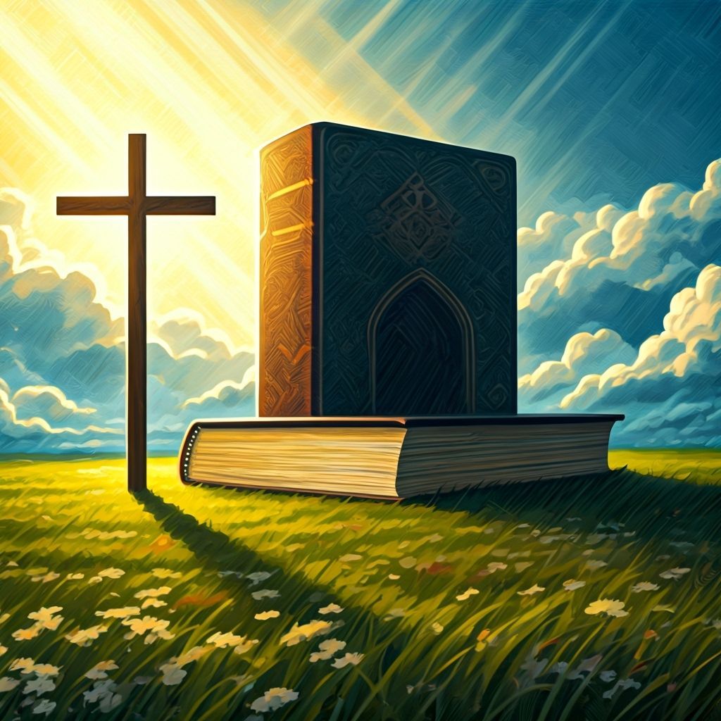 Divine Bible House and Glowing Cross in Detailed Illustratio...
