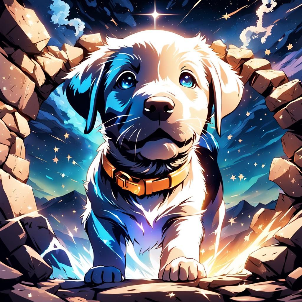 Labrador Puppies Emerge from Stone Portal in Anime Style