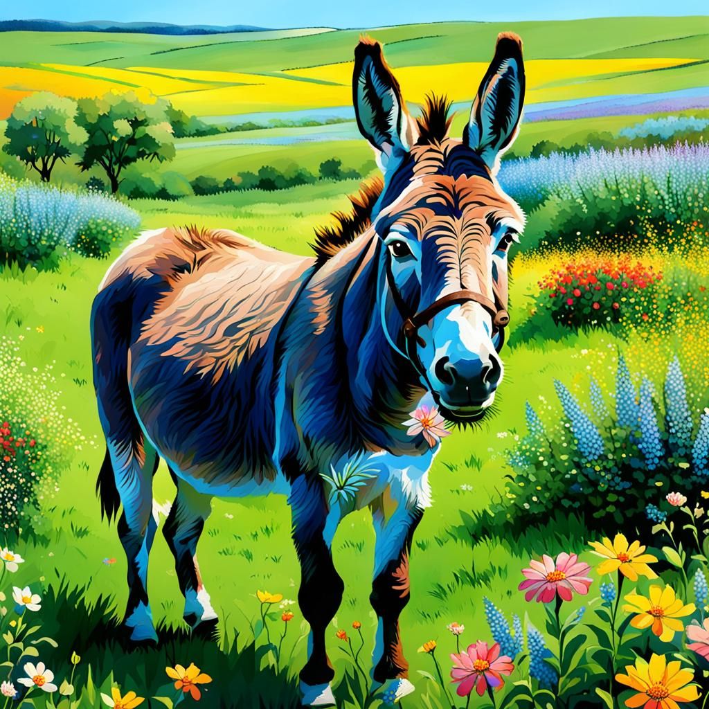 Donkey in a Flower Field