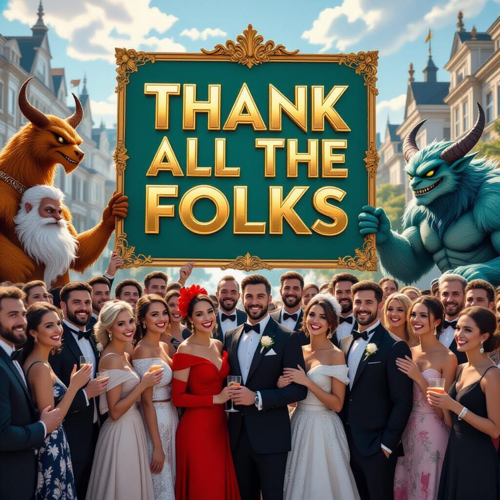 Diverse Crowd Celebrates with Mythical Creatures