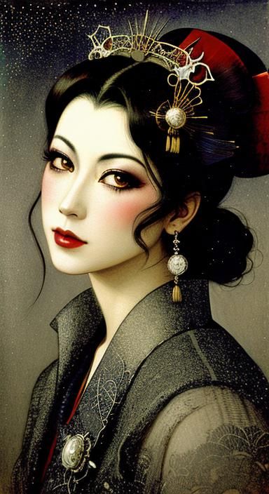 Steampunk Geisha Vampire Portrait in Pointillist Style