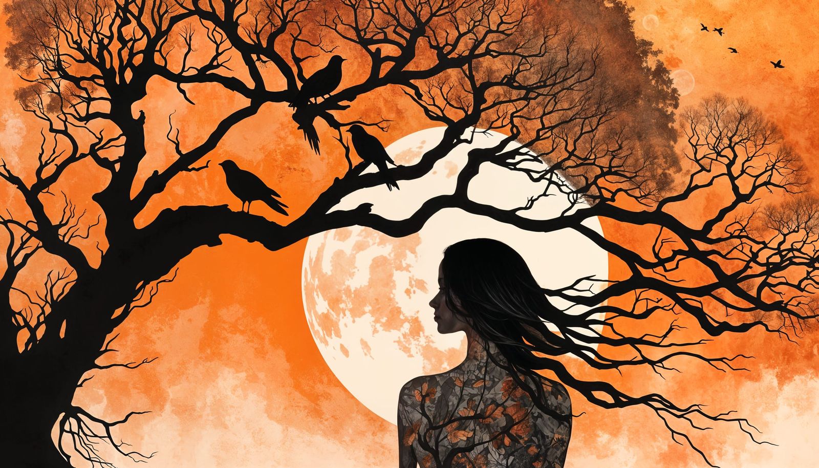 Surreal Silhouette Artwork with Tree Branch Woman and Moon