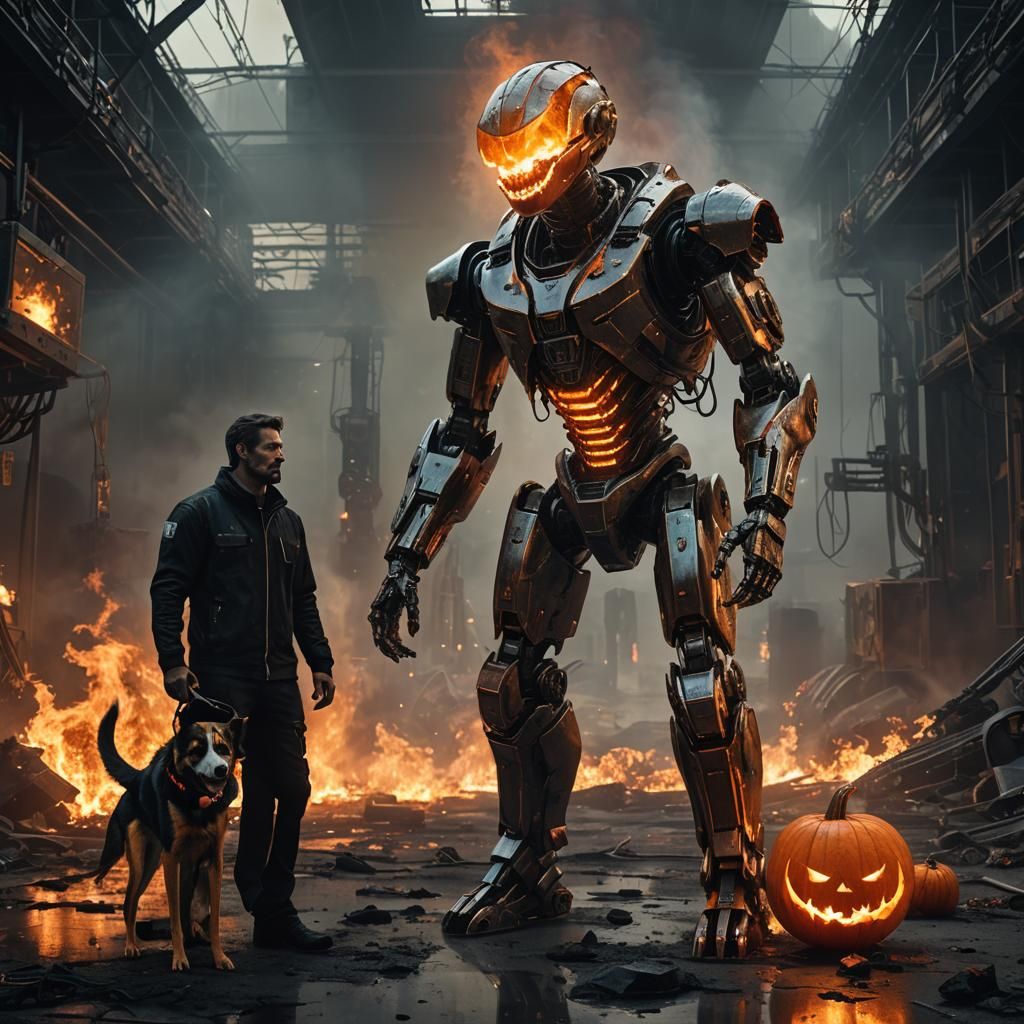 Fiery Pumpkin Head with Robotic Dog in Dark Fantasy