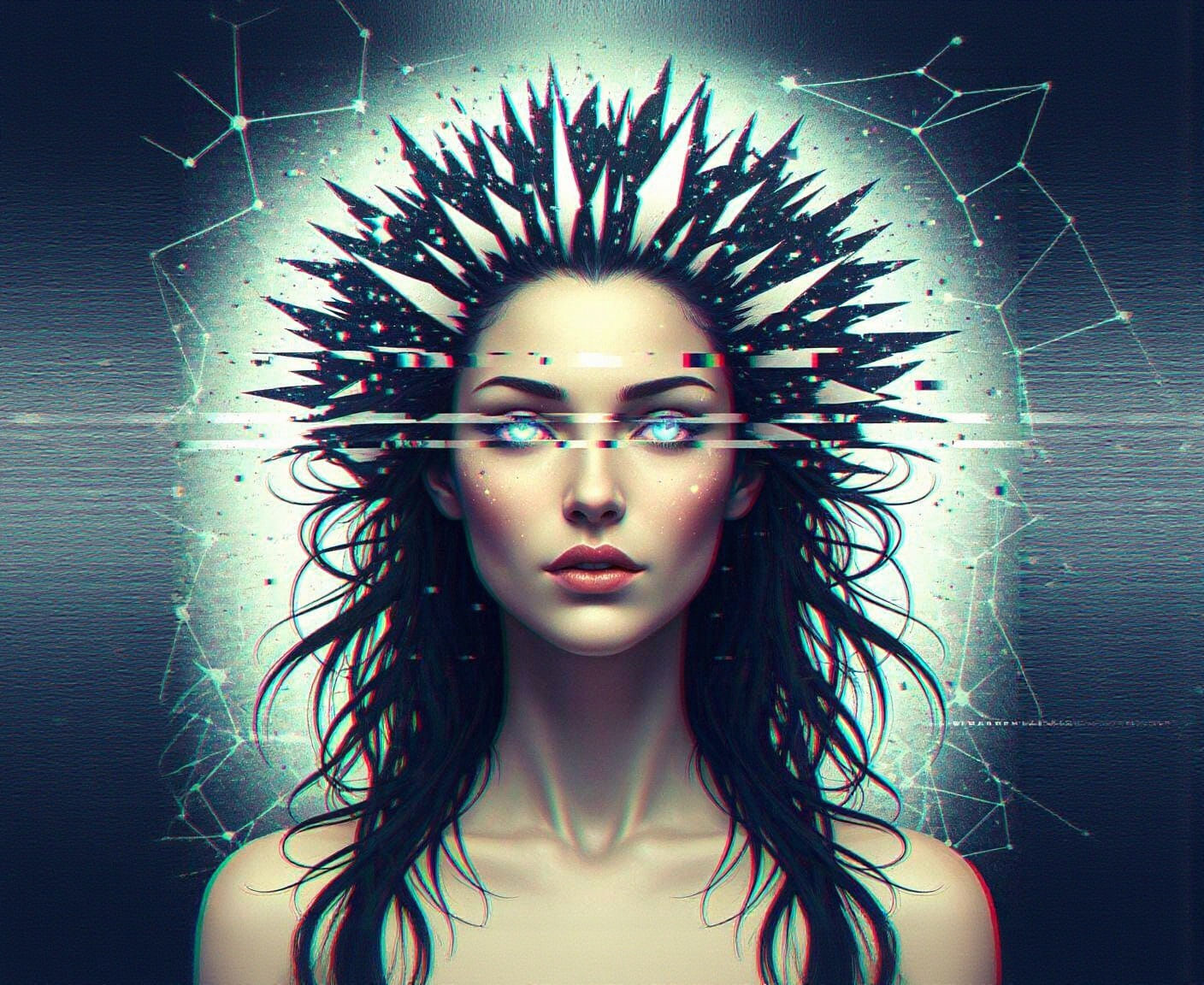 Bioluminescent Woman: Digital Glitch Art in Cyberpunk Style