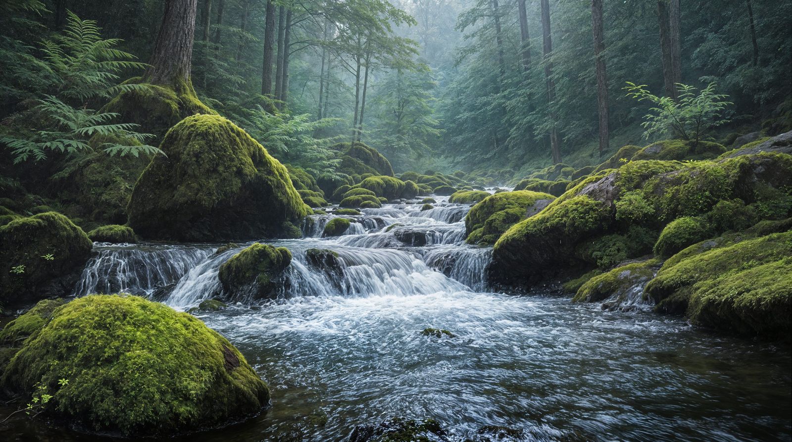 Atmospheric Forest Waterfall Painting
