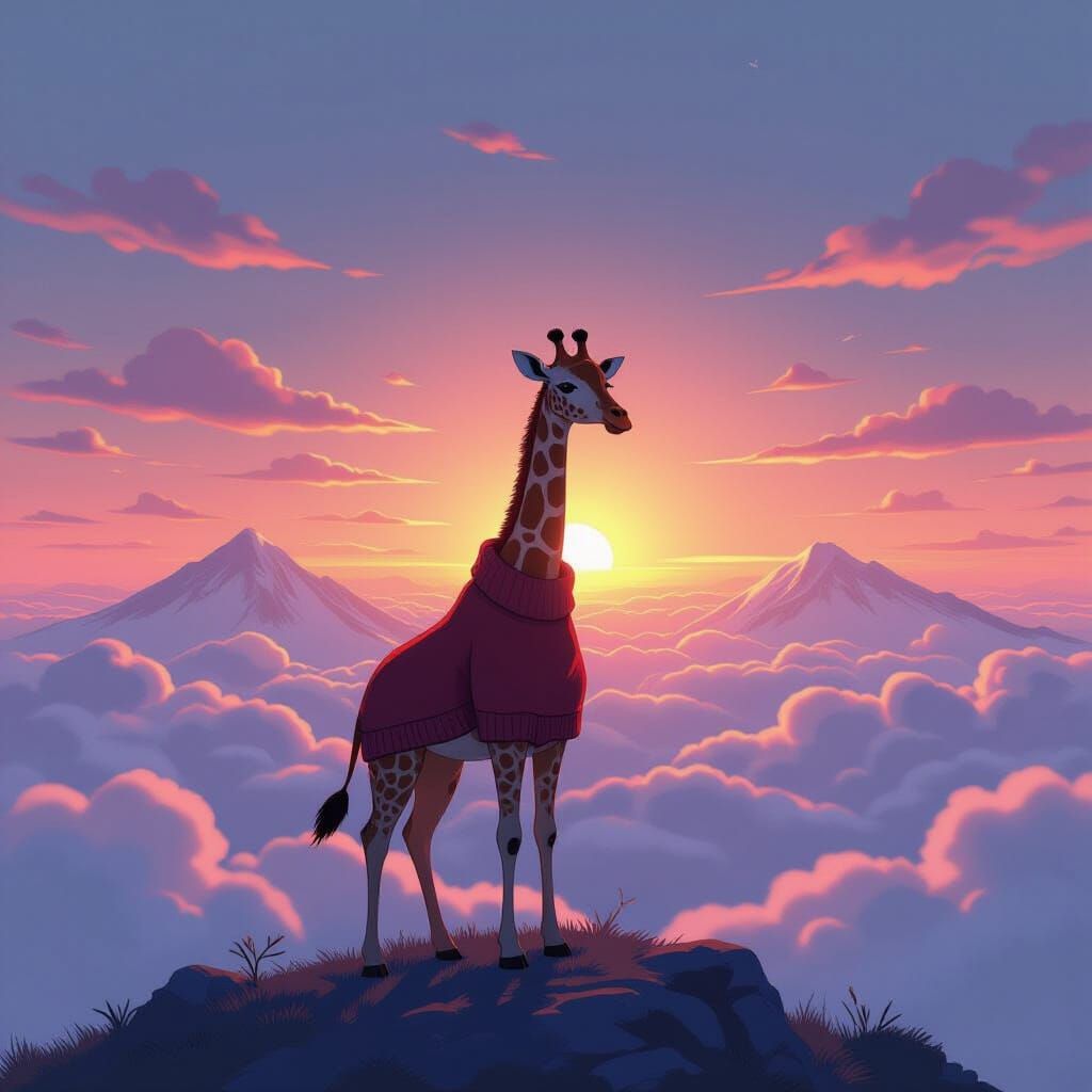 Giraffe on Mountain Peak in Anime Style