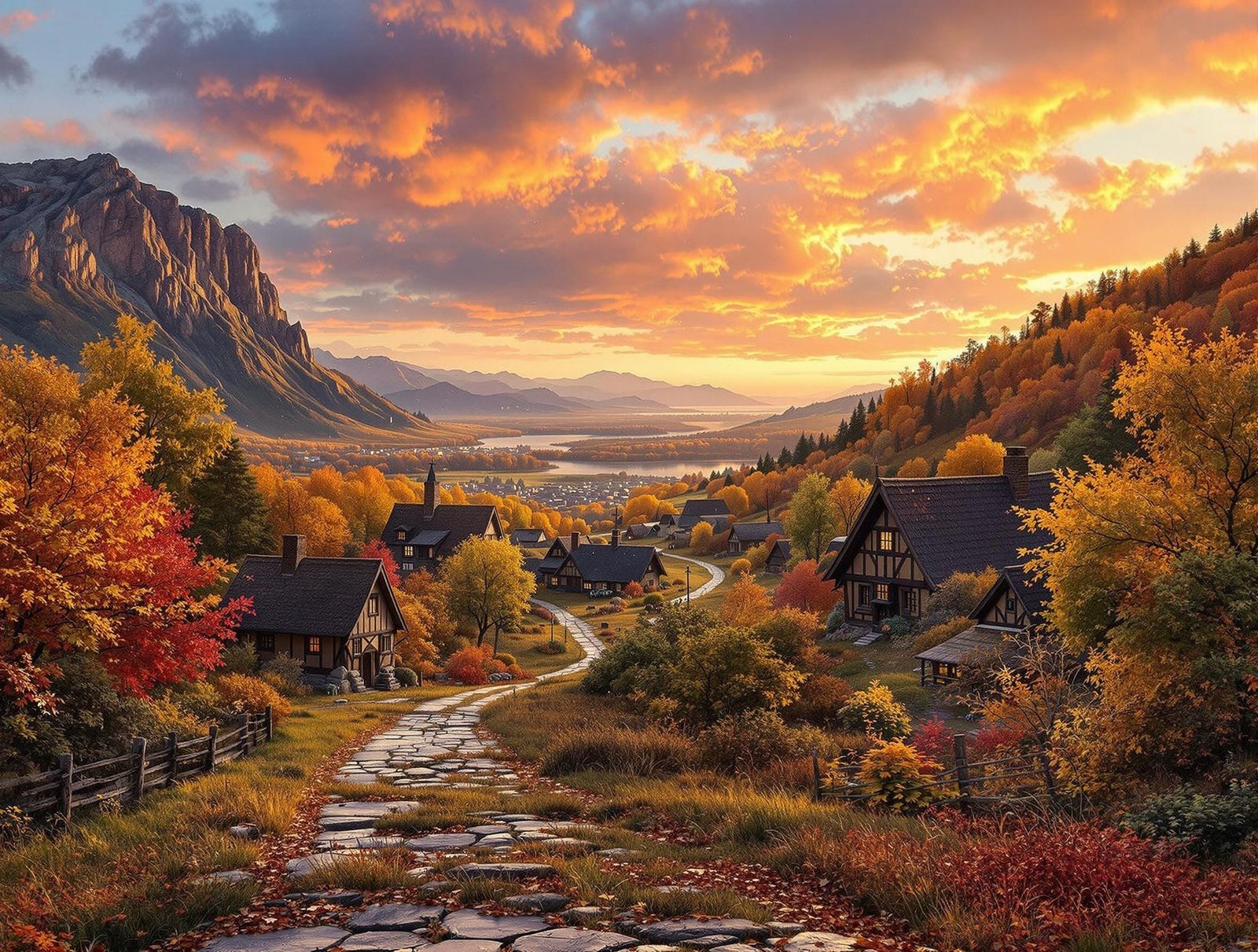 Picturesque Norse Village at Sunset in Autumn Colors