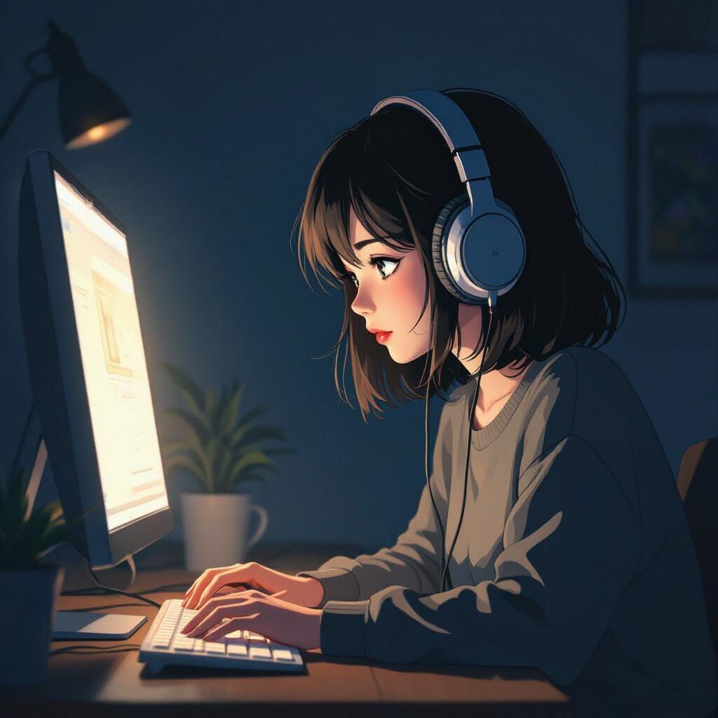 Woman Illuminated by Computer Screen in Dark Room, Anime Sty...