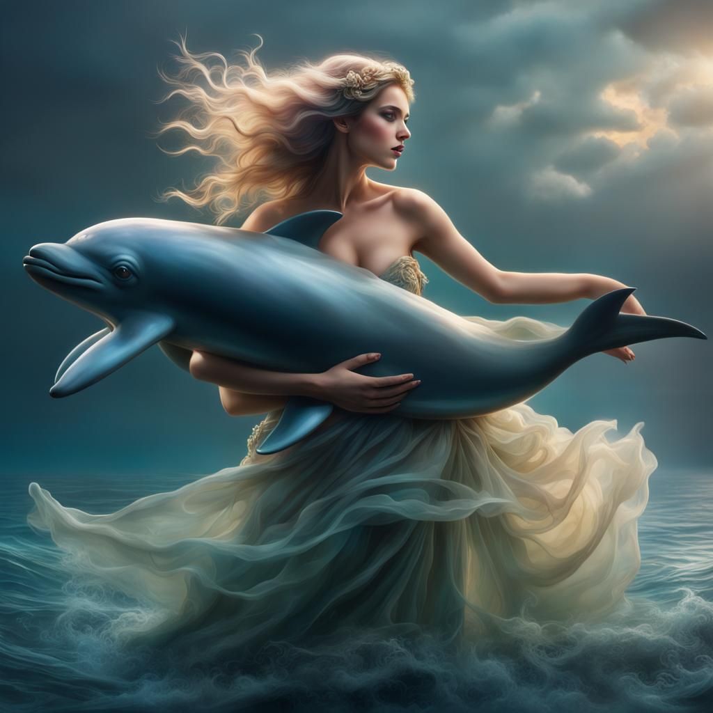 Mythological Nymph Hugging Dolphin: Digital Matte Painting
