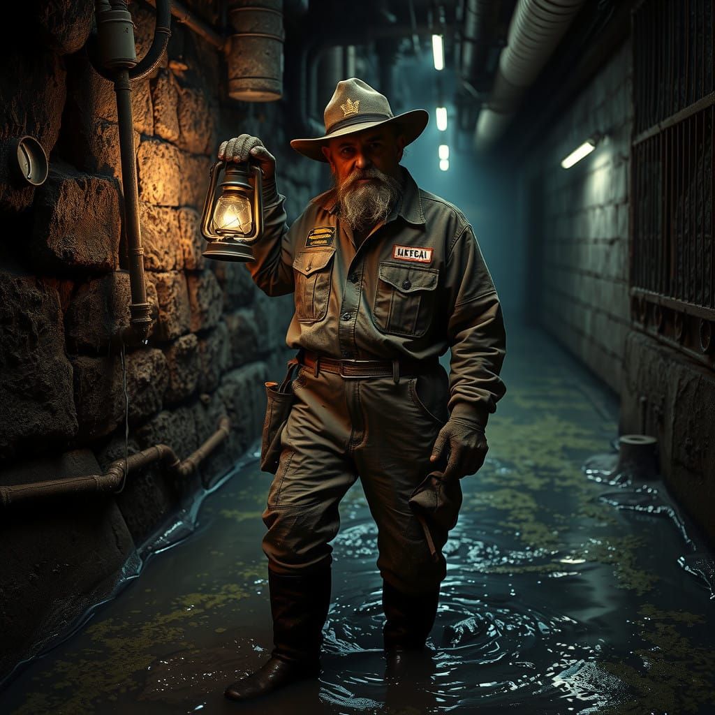 Rugged Sewer Inspector in a Dimly Lit, Mysterious Underworld