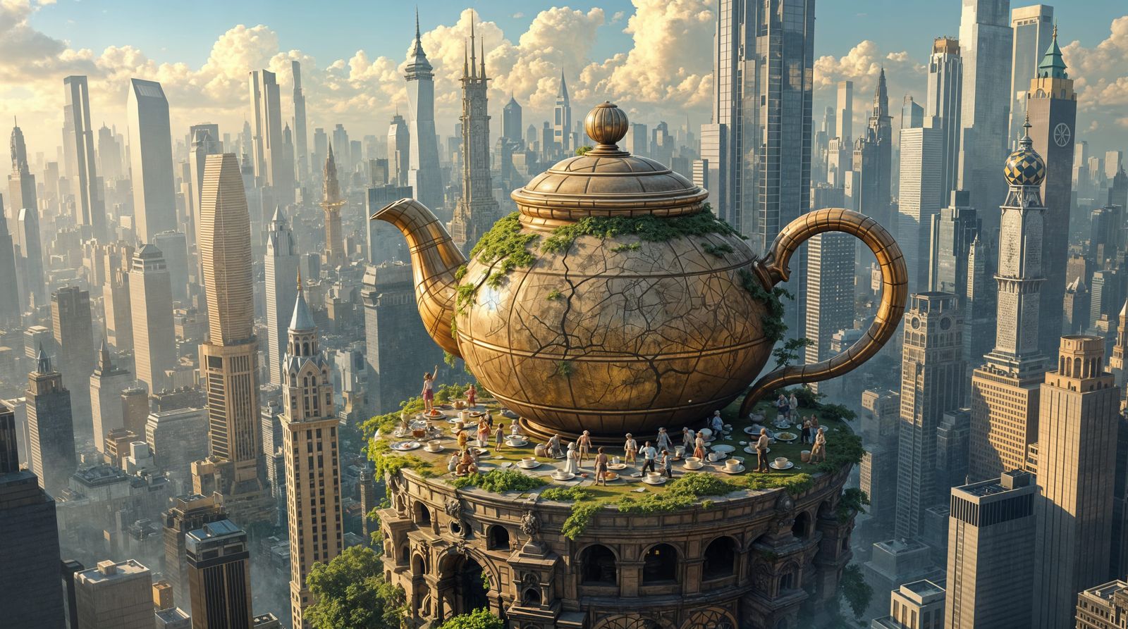 Giant Teapot Amidst Modern Skyscrapers in Forced Perspective