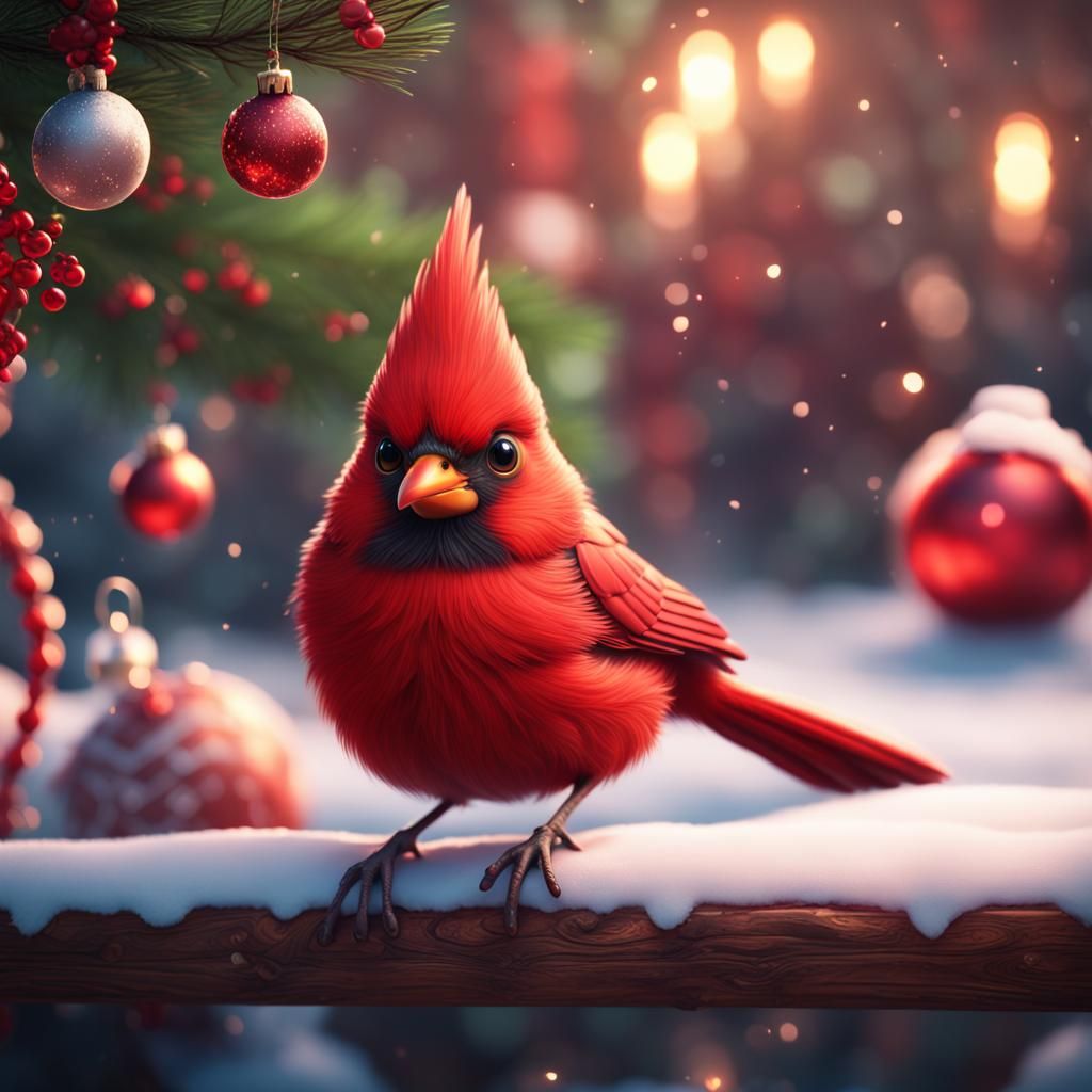 Festive Red Cardinal Christmas Art: Detailed Digital Paintin...