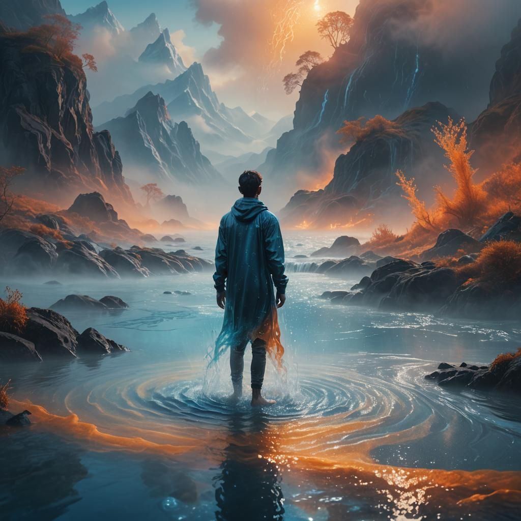 Water Person in Dreamy Landscape, Detailed Matte Painting