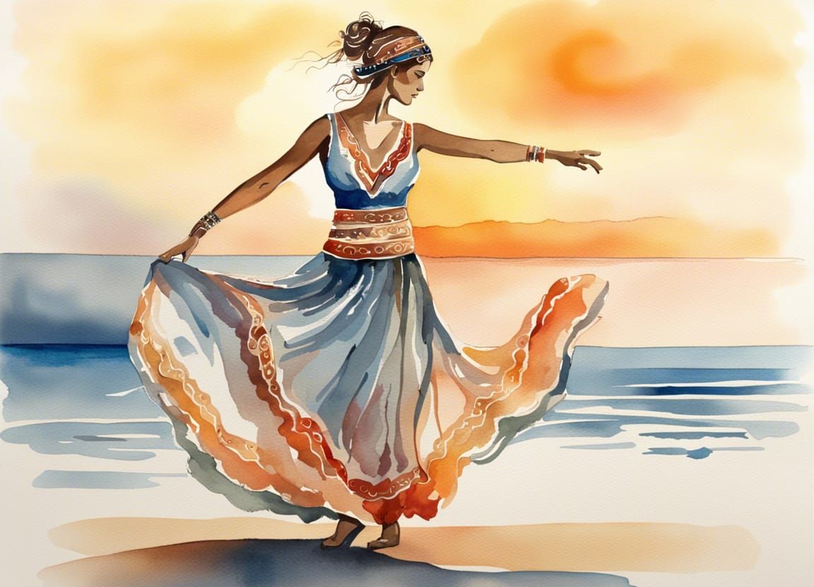 Greek Folkloric Dancer at Sunset: Watercolor Art